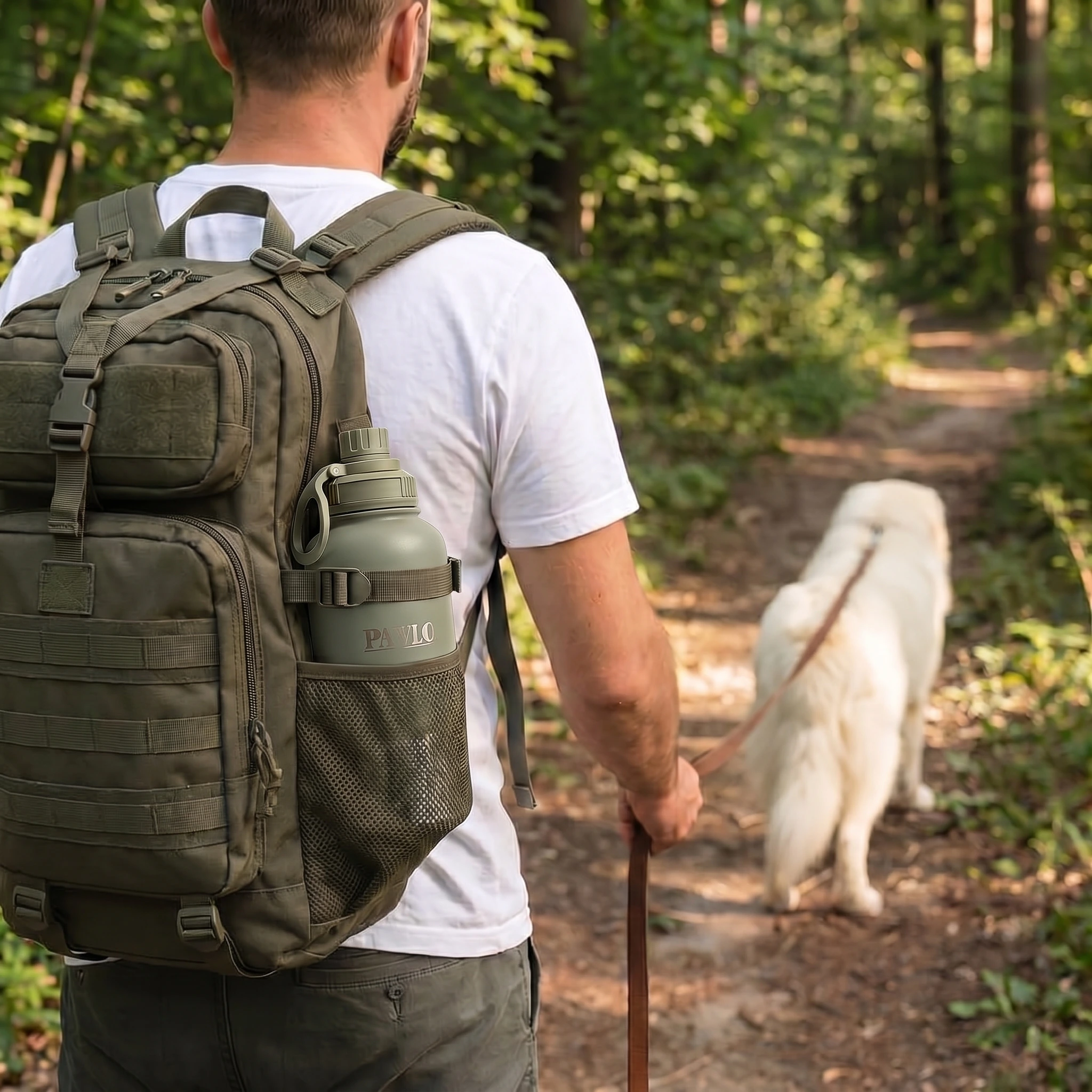 A sage PAWLO bottle tucked into a backpack on a woodland walk with a white dog